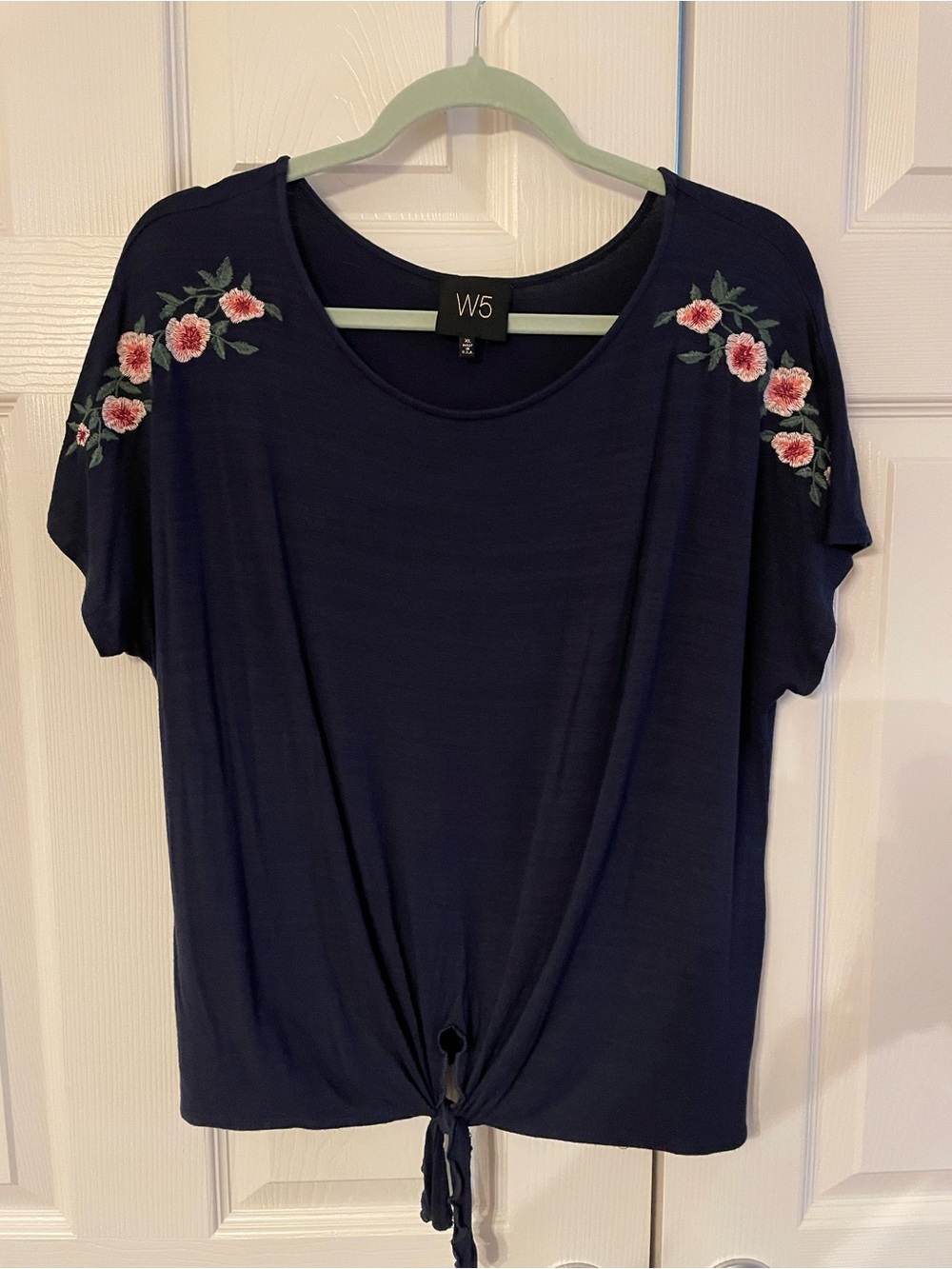 W5, Tie Front, Top, Blue, Embroidery, Flattering, Soft, Stretch, L or XL